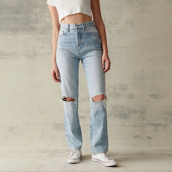 PacSun High Rise Ripped Knee Dad Jeans Light Blue Wash Size 25 - Picture 2 of 12